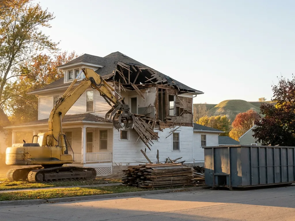 Yellow excavator demolishing a vacant house after the demolition permit was issued in Sioux City, Iowa